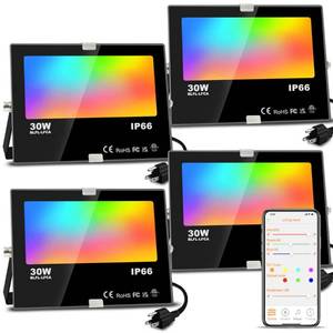 lot 17198 image: LED Flood Light Outdoor, 30W Equivalent 3000LM Smart RGB Landscape Lighting with APP Control, DIY Scenes - Timing - 5700K Daylight White -Color Changing Uplight, IP66 Waterproof US Plug MELPO(4 Pack)