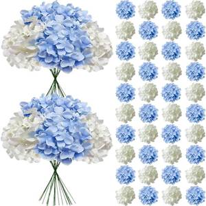 lot 17209 image: Cherica 50 Pcs Faux White Blue Hydrangea Artificial Flowers Bulk, Fake Silk Hydrangea Flowers Heads with Stems for Wedding Decorations Garden Party Baby Shower Porch Home Decor Table Centerpieces