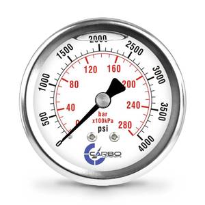 lot 18026 image: CARBO Instruments 2 1-2 Pressure Gauge, Stainless Steel Case, Chrome Plated Brass Connection, Liquid Filled, 0-4000 psikPa, Back Mount 14 NPT