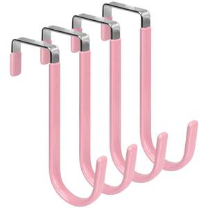 lot 18028 image: FYY Over The Door Hooks, 4 Pack Door Hangers Hooks with Rubber Prevent Scratches Heavy Duty Organizer Hooks for Living Room, Bathroom, Bedroom Hanging Clothes, Towels, Hats, Coats, Bags Pink