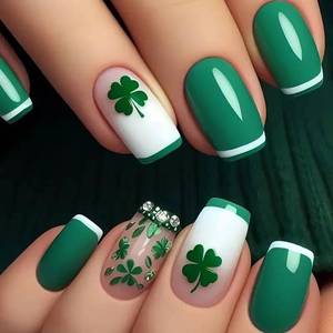 lot 18058 image: yefiuo St. Patricks Day Press on Nails Medium Square Clover Fake Nails Press ons Green Rhinestones Acrylic False Nails Glue on Nails Reusable Nail Tips Kit Full Cover Stick on Nails for Women 24Pcs