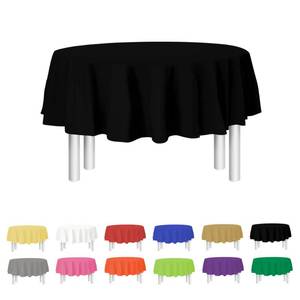 lot 18086 image: Party Dimensions Black Disposable Plastic Tablecloth for Round Tables (12 Pack) 84 inches Table Cloths for Parties, Events & Weddings, Indoors & Outdoors, Plastic Table Cover