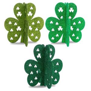 lot 18087 image: 3 Pcs St. Patricks Day Shamrock Decorations, 3D Irish Clover Signs Green Shamrock Table Centerpiece for St Patricks Home Office Desk Decor