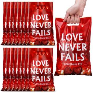 lot 18442 image: Panelee 100 Pcs Valentine Love Never Fails Plastic Goody Bags with Handles Religious Treat Adult Christian Cross Candy Gift Bag for VBS Church Party Supplies Party Favor Decoration