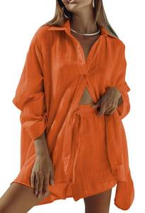 lot 18450 image: Fixmatti Women 2 Piece Outfits Cotton Linen Set for Summer Long Sleeve Button Down Shirt and Shorts Orange S