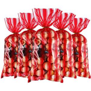 lot 18454 image: Blulu 100 Pcs Plastic Carnival Circus Party Treat Bags Red and White Stripe Printed Clear Cellophane Carnival Candy Goody Treat Bag with 100 Gold Twist Ties for Circus Party Favor
