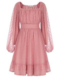 lot 18457 image: GRACE KARIN Girls Long Sleeve Midi Elegant Square Neck Flowy Casual Swiss Dot Dress Pink 7Y