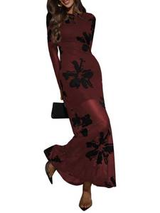 lot 18462 image: Verdusa Womens Floral Mesh Maxi Dresses Elegant Formal Long Sleeve Spring Wedding Guest Dress Cocktail Black and Red Large