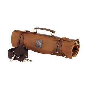 lot 19165 image: KYOKU Chef Knife Roll Bag, Kitchen Knife and Utensil Holder with 10 Slots 3 Cutlery Holders for Chef Knife Set, Oiled Leather and Waxed Canvas Knife Roll Up Travel Bag with Adjustable Strap, Brown