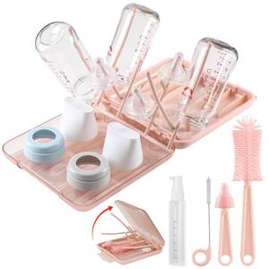 lot 19168 image: 6 in 1 Baby Bottle Cleaner Set with Drying Rack,Silicone Baby Bottle Brush,Straw Brush,Nipple Brush,Soap Dispenser and Storage Box, Portable Baby Essentials for Home&Travel(Pink)