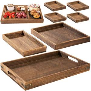 lot 19169 image: Yangbaga Rustic Wooden Serving Trays with Handle - Set of 7 Rectangular Platters for Entertaining, Breakfast, Coffee Table, Home Decor