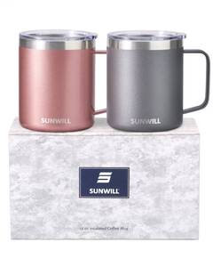 lot 19170 image: SUNWILL Travel Coffee Mug with Lid, Insulated Tumbler with Handle, 14 oz Stainless Steel Cup Set of 2 for Camping, Outdoor, Cool Grey & Rose Gold 2 Pack