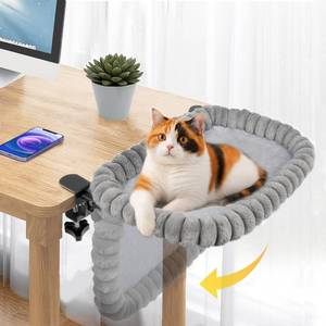 lot 19172 image: Pawow X-Large Cat Desk Bed - 90° Foldable Space-Saving Cat Beds, 2 Washable Covers (Faux Rabbit Fur & Cool Mesh), Heavy-Duty Frame Supports 40lbs, Easy Install Pet Perch for Office & Game Tables