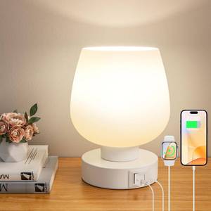 lot 19187 image: Touch Table Lamp for Nightstand - Bedside Lamp with USB CA Charging Ports for Bedroom Living Room Night Stands, Desk Lamp with White Glass Shade for Small Spaces, 3 Way Dimmable, LED Bulbs, Gifts