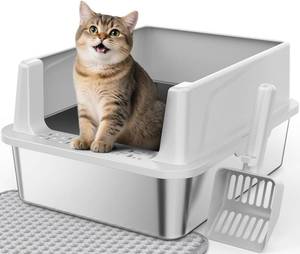 lot 19197 image: FURTIME Stainless Steel Cat Litter Box with Lid, Metal Kitty Litter Box for Small Cats, Kitten Litter Boxs with Scoop and Mat, Non-Sticky, Anti-Leakage, Easy to Clean, 17x13x8.4 (Small)
