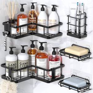 lot 19200 image: YASONIC Corner Shower Caddy, 5-Pack Adhesive Rustproof Stainless Steel Shower Organizer with Soap Holder, No Drilling Shower Shelf for Inside Shower, Dorm, Renters, Black