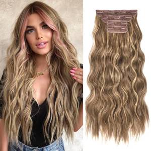 lot 20333 image: REECHO Hair Extensions, 4PCS Clip in Hair Extensions HE001 Natural Soft Synthetic Hairpieces for Women, Light Brown with Blonde Highlights