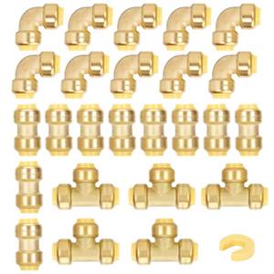 lot 20334 image: 12 Push to Connect Fittings,PEX Pipe Fitting 12 Inch Set,With Coupling(10 PCS),90 Degree Elbow(10 PCS),Tee(5 PCS),Disconnect Clip(1 PCS),Push to Connect for Quick Connection to PEX Tube
