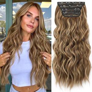 lot 20335 image: KooKaStyle Hair Extensions Medium Brown mix Caramel Blonde Clip in Synthetic Highlight Hair Extensions Long Wavy 4PCS Thick Hairpieces 20 Inch for Women