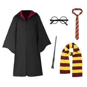 lot 20344 image: Unisex Wizard Robe, Cosplay Halloween Costume Set with Wand, Glasses, Scarf and Tie, for Women and Men, Adult and Teens (Black Red, M)