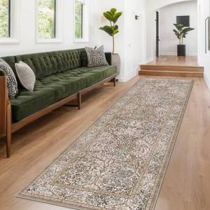 lot 1229 image: Moss Green 3x8 Oriental Runner Rugs for Hallway, Kitchen, Entryway Indoor - Non-Slip & Low Pile, Geometric Floral Stain Resistant Carpet, Vintage Neutral Home D�cor