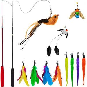 lot 2161 image: miwoowim Interactive Cat Wand Toy Set �� 2 Retractable Wands (38 & 50) with 11 Refills Attachments �� Feather Toys, Plush Bird, Worms, Insect & Swallow �� Cat Teaser Toys for Indoor Cats & Kittens