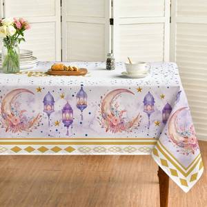 lot 2189 image: Horaldaily Ramadan Tablecloth 60�84 Inch Rectangular,Pink and Gold Moon Star Eid Mubarak Table Cloth, Ramadan Mubarak Washable Seasonal Table Cover for Party Picnic Dinner Decor