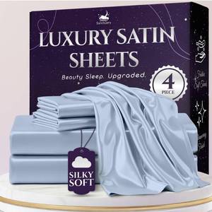 lot 3718 image: SLEEP SANCTUARY Satin Sheets King Size �� 4 Piece Luxury Silky Bed Set, Softer Than Silk, 15 Deep Pocket, Cooling & Wrinkle-Free, Moisture-Wicking & Breathable for Hair & Skin (Baby Blue)