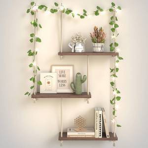 lot 3727 image: REFGY Hanging Shelves for Wall with Vine Lights, 3 Tier Rope Wall Hanging Plant Shelf, Boho Wall Decor Aesthetic for Succulents, Bedroom, Living Room, Bathroom (Rustic Brown)