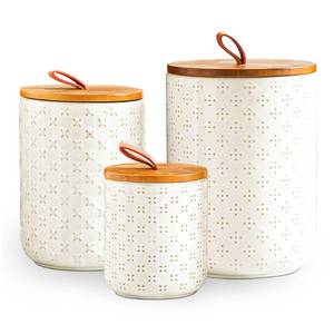 lot 3731 image: JOJUNO White Ceramic Canister Set with Wooden Lids �� 3-Piece Airtight Food Storage Jars for Kitchen, Embossed Design, SmallMediumLarge Sizes (123048 oz) �� Flour, Sugar, Coffee, Tea Containers