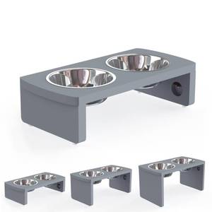 lot 3740 image: Elevated Dog Bowls, Bamboo Raised Dog Bowl for Small Dogs & Cats, with 2 Stainless Steel Bowls (4 Tall-20oz Bowl, Grey) HAS CRACK DOWN SIDE