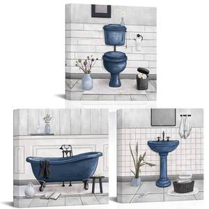 lot 3752 image: HOMEOART Bathroom Wall Art Bath Tub Painting Picture Bathroom Wall Decor Framed Ready to Hang 12x12inchx3,Deep Blue