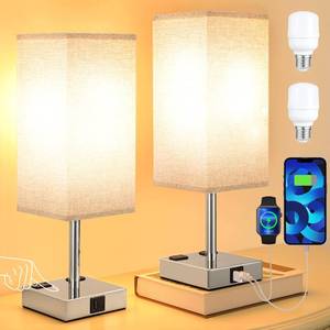 lot 3754 image: aooshine Gray Set of 2 Touch Lamps with USB Port Nightstand Lamp with USB-CA Charge Ports & AC Outlets, 3-Way Dimmable Bedside Lamp, Small for Bedroom Living Room (Bulb Included)