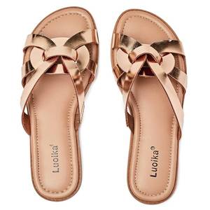 lot 4010 image: Luoika Womens Wide Width Flat Slides Sandals, Slip on Slide Sandal Casual Comfortable Summer Beach Shoes for Women. 902,Gold,8XW