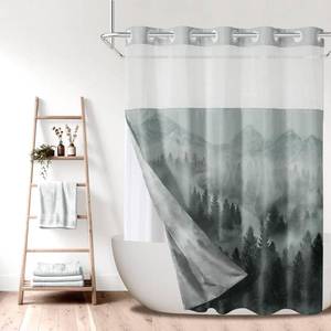 lot 4038 image: SSCRCUSLY No Hook Shower Curtain with Snap in Liner Set, Dark Green Misty Forest Design, Waterproof Fabric Mountain Nature Shower Curtains for Bathroom with See Through Mesh Top Window 71x74 Inch