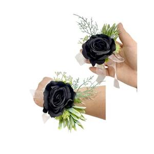 lot 4049 image: Rikyo Rose Wrist Corsage Wristlet Band Bracelet and Men Boutonniere Set, Corsage for Prom,Bride Hand Flower Flowers Ceremony,Wedding Party Prom Decor,DIY Petals Hair Hat Wreath (Black)
