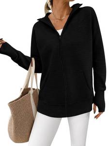 lot 4076 image: PRETTYGARDEN Womens Fall 2025 Long Sleeve Zip Up Cardigan Sweaters Casual Loose Collared Ribbed Knit Tops Jackets Thumb Hole(Black,Large)