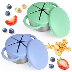 lot 6127 image: 2 Pack Snack Cups for Toddlers Spill Proof - Detachable Stainless Steel Toddler Snack Cups with Silicone Lids & Handles - Dishwasher Safe Snack Container for Mess-Free Snacking��Blue-purple and Green)