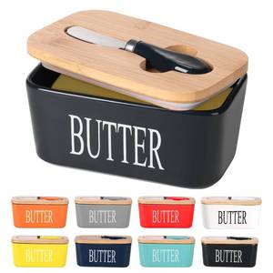 lot 6147 image: Lxmons Ceramic Butter Dish with Wooden Lid, Large Butters Container Keeper Storage with Stainless Steel Knife Spreader, Bamboo Cover and Silicone Sealing Ring for West East Coast, Black