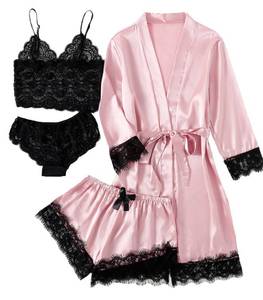 lot 6189 image: LYANER Womens Sexy Silk Satin Pajamas Set 4pcs Lingerie Nightwear Floral Lace Cami Pjs Sleepwear with Robe Light Pink Small