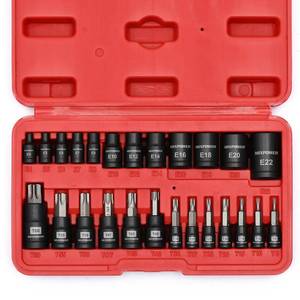 lot 6224 image: MIXPOWER 25 Piece Torx Bit and Socket Set, 13 Star Bits (T8- T60) & 12 E-Torx Sockets (E4-E22), Professional Grade Auto & Motorcycle Mechanic Set incomplete