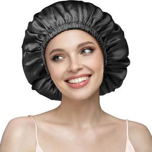 lot 6226 image: YFONG Double Layered 100% Silk Bonnet for Women, 22 Momme Pure Mulberry Silk Sleep Cap with Adjustable Elastic Band Stay On Head��Reduce Frizz, Keep Hairstyle, Soft & Breathable, Black, M