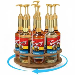 lot 9961 image: THYGIFTREE Rotating Coffee Syrup Organizer for Countertop, 9-Bottle Wooden Syrup Rack & Bottle Holder for Coffee Bar Station, Turntable Display Stand, Brown