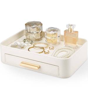 lot 9978 image: GORESE PU Leather Valet Tray with Drawer, Nightstand Organizer Catch All Tray for Jewelry Perfume Purse Trinket Key Holder, EDC Trays for Desk Vanity Entryway Table, Gift for Women Men, Cream White