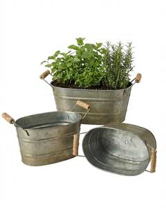 lot 9981 image: vensovo Galvanized Metal Oval Planter Buckets with Handles �� Set of 3 Rustic Farmhouse Flower Tubs with Drain Holes & Plugs, Vintage Small Pots for Herbs, Succulents, Wedding or Tabletop Decor