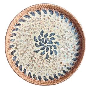 lot 10352 image: Rattan Serving Tray with Mother of Pearl, Round Coffee Table Wicker Tray Decor, Boho Decorative Woven Tray (Lucky Flower, 12 inch)