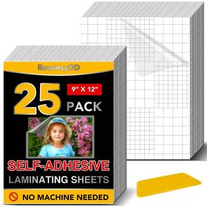 lot 10376 image: RowinsyDD 25 Pack Self Adhesive Laminating Sheets, 9 X 12 Inch, Clear Sticker Laminate Sheets Waterproof for Documents, Photos, No Machine Needed Heatless Durable
