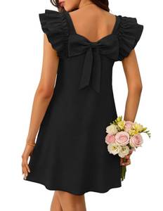 lot 10390 image: MEROKEETY Womens Spring Ruffle Sleeve Bow Mini Dress 2026 Summer Square Neck Casual Cute Shift Sundress Pockets Black, Medium