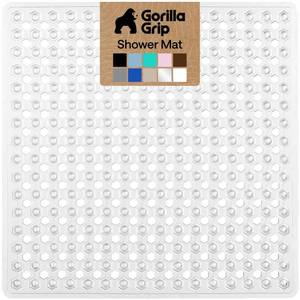lot 10407 image: GORILLA GRIP Patented Square Shower Stall Mat, Small Bathtub Floor Mats for Stand Up Showers with Suction Cups and Drainage Holes, Machine Wash, Soft on Feet, Bathroom Accessories 21x21 Inch, Clear