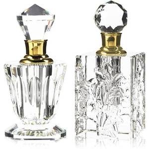lot 11730 image: Okuna Outpost Crystal Glass Perfume Bottle Set - Refillable Perfume Bottles for Fragrance & Oils - Boudoir Props - Pack of 2, Transparent Glass, Round